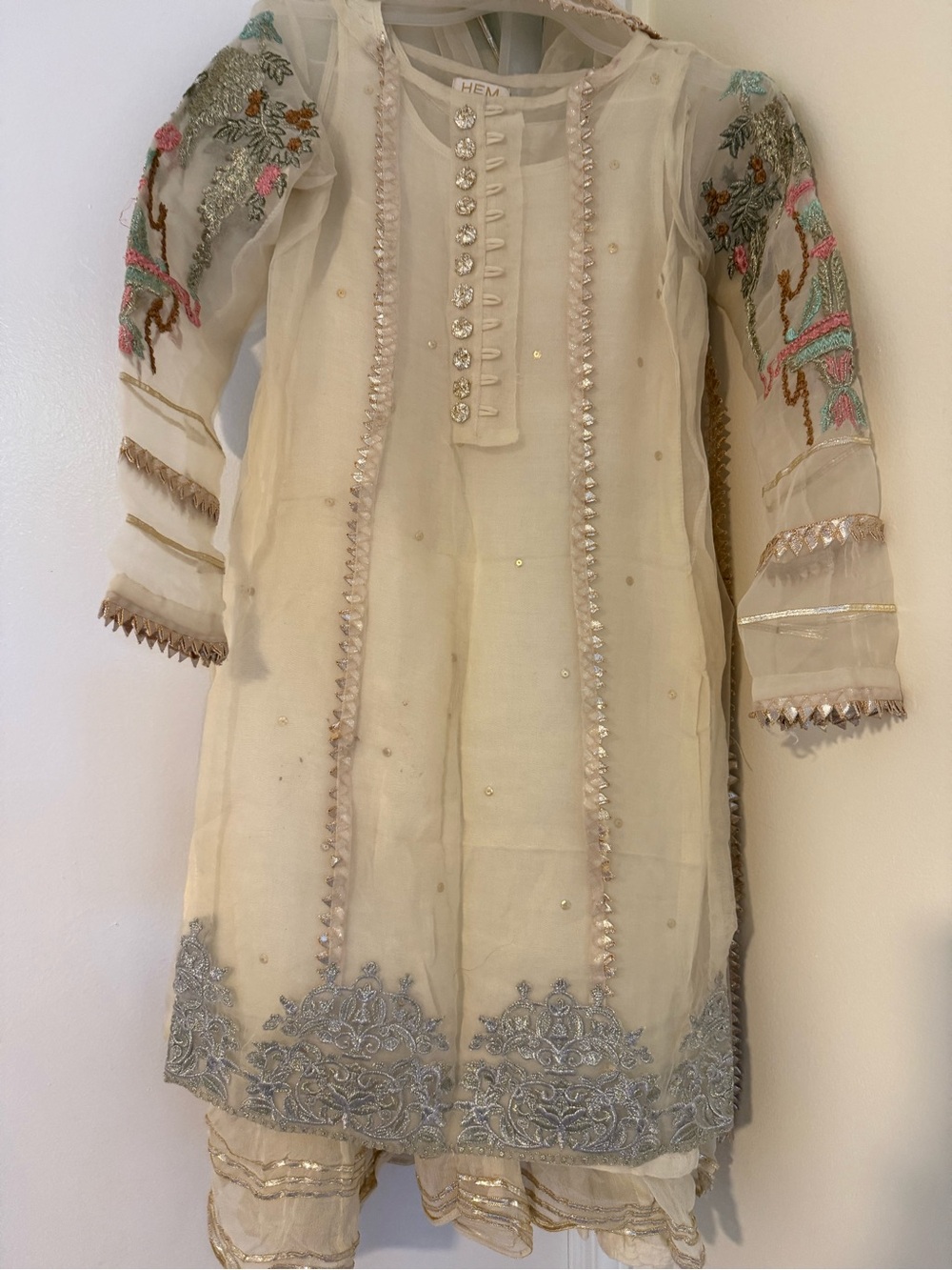 Hem Cream Embroidered Formal Girls Dress with Sheer Dupatta - Picture 8 of 14